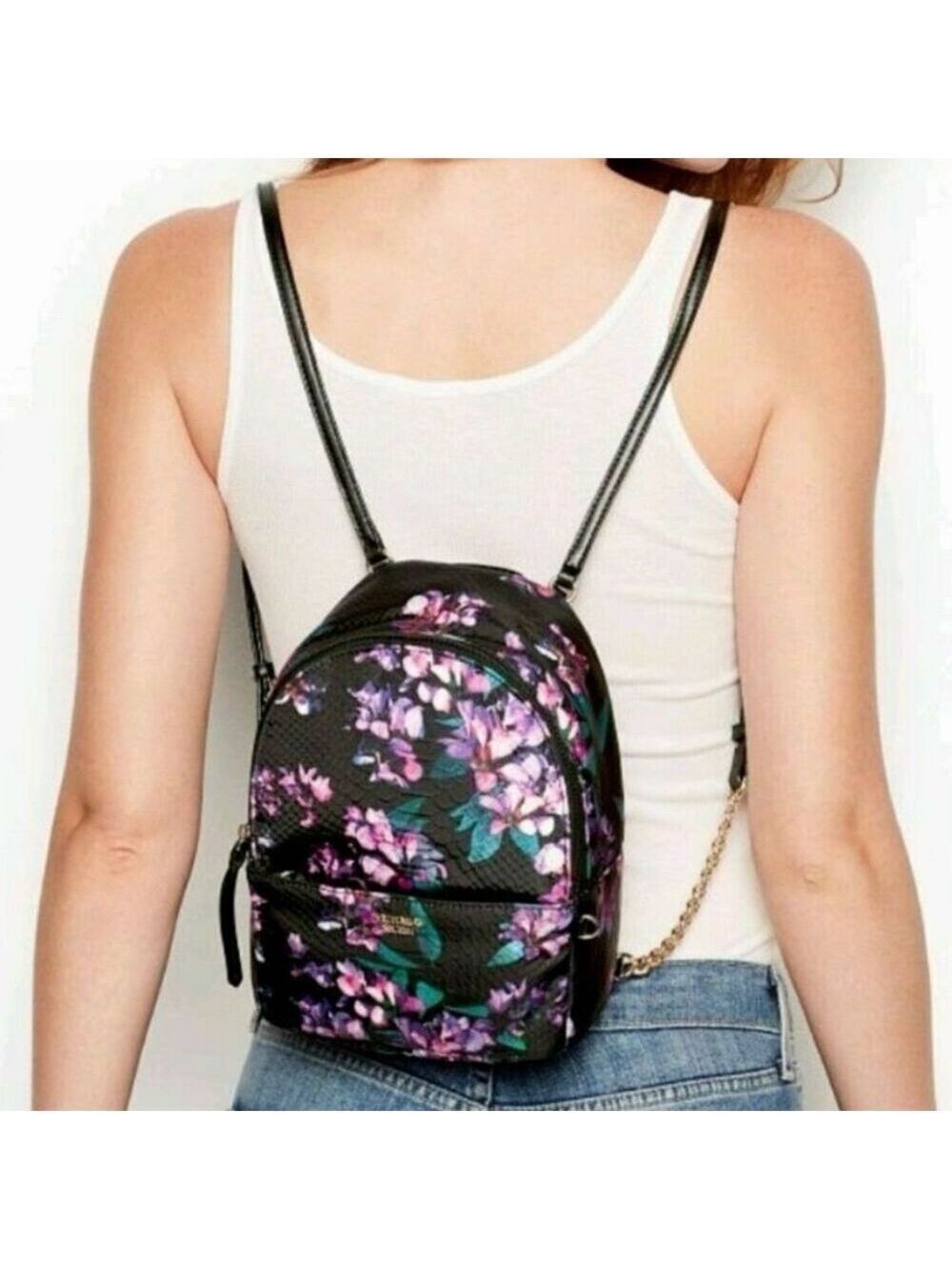Victoria's Secret Mini Backpack Black Purple Pink Floral Pattern